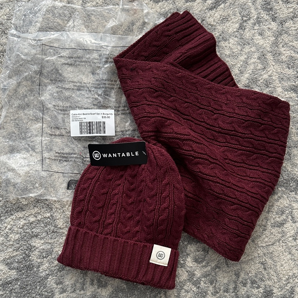 Wantable Burgundy Cable Knit Beanie & Scarf Set